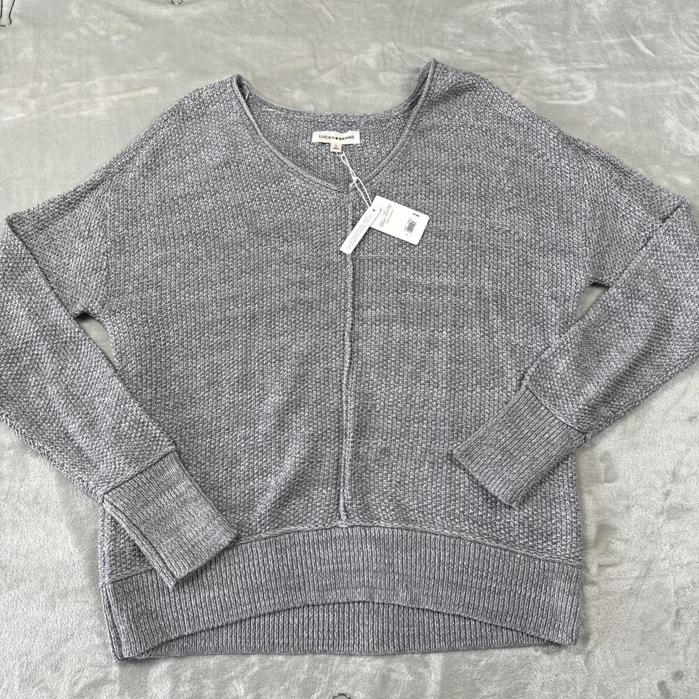 Lucky Brand NEW Womens L Knit Pullover Sweater Gray V-Neck Cotton Acrylic Ribbed